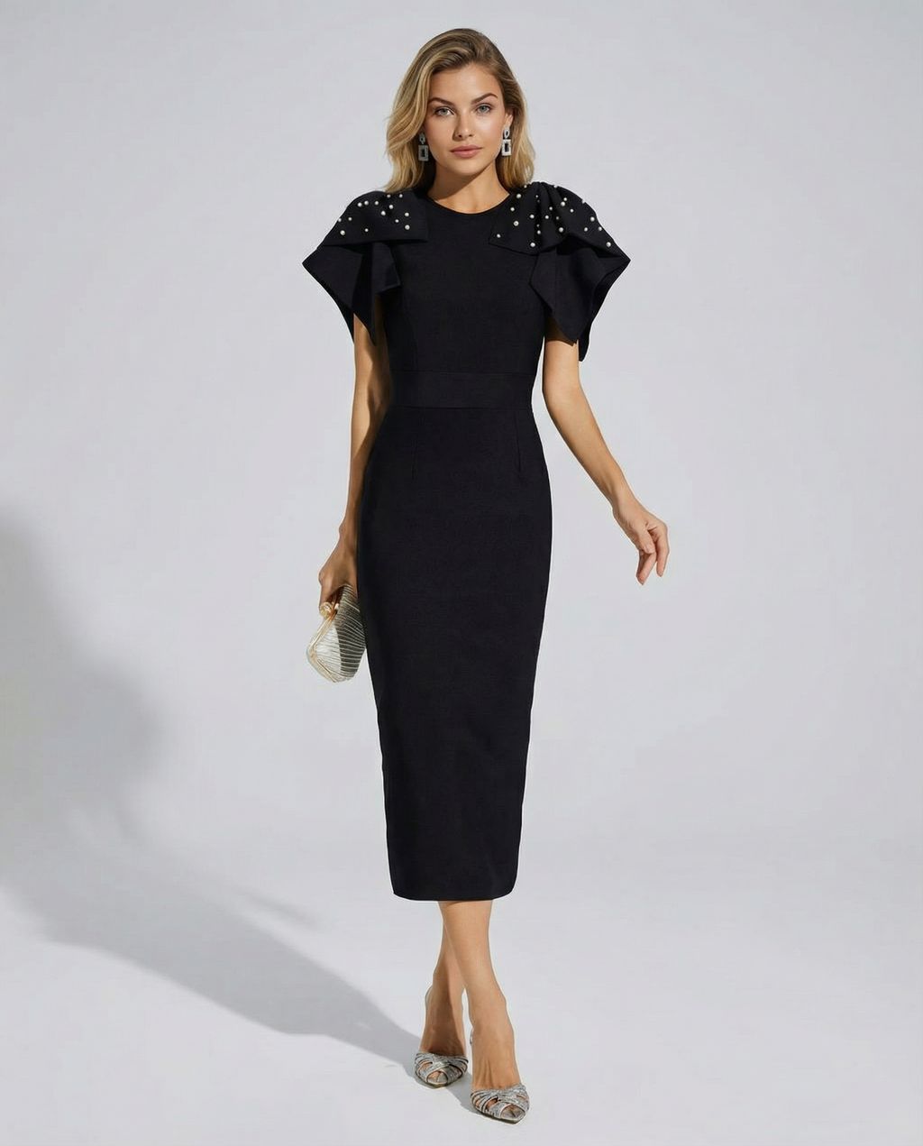 EVIE | Embellished Shoulder Short Sleeve Bodycon Midi Dress