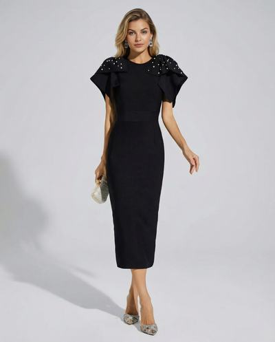 EVIE | Embellished Shoulder Short Sleeve Bodycon Midi Dress