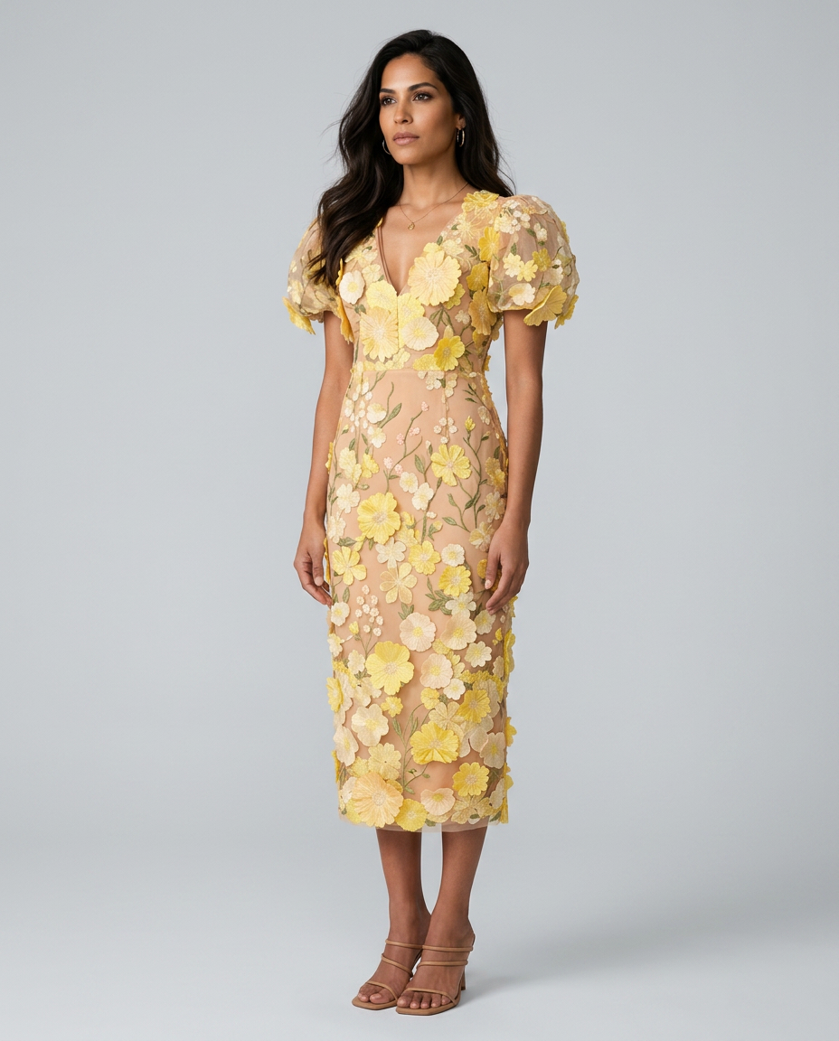EVIE | Floral Embroidered Puff Sleeve V Neck Midi Dress
