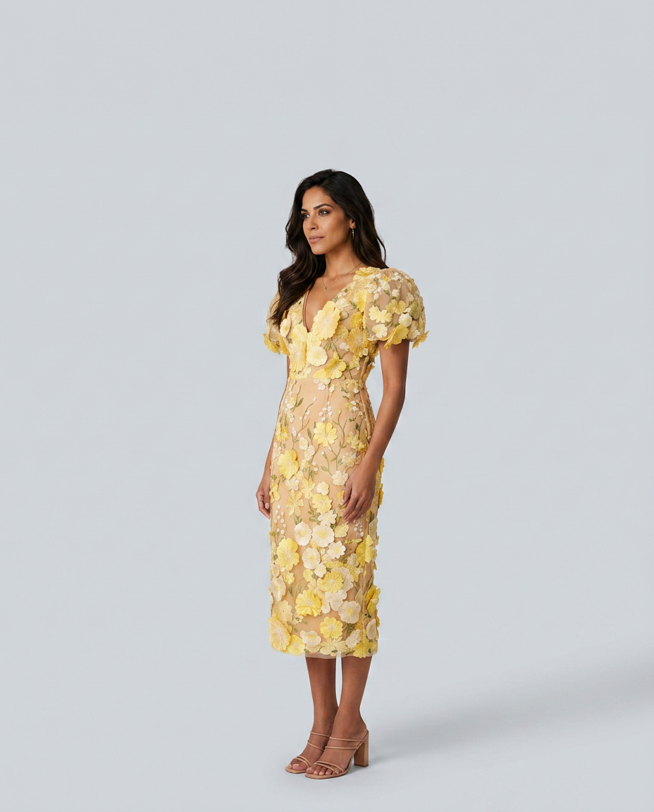 EVIE | Floral Embroidered Puff Sleeve V Neck Midi Dress