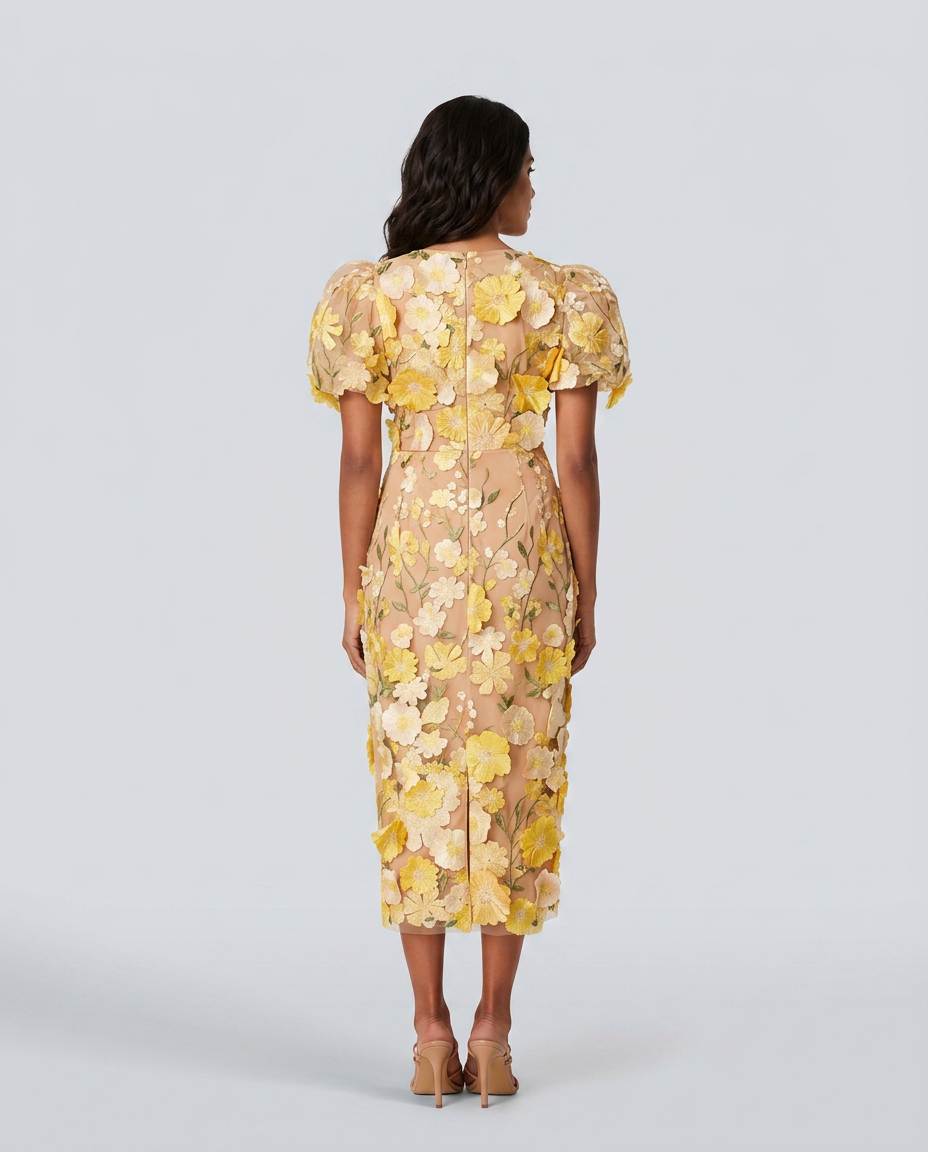 EVIE | Floral Embroidered Puff Sleeve V Neck Midi Dress