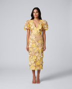 EVIE | Floral Embroidered Puff Sleeve V Neck Midi Dress