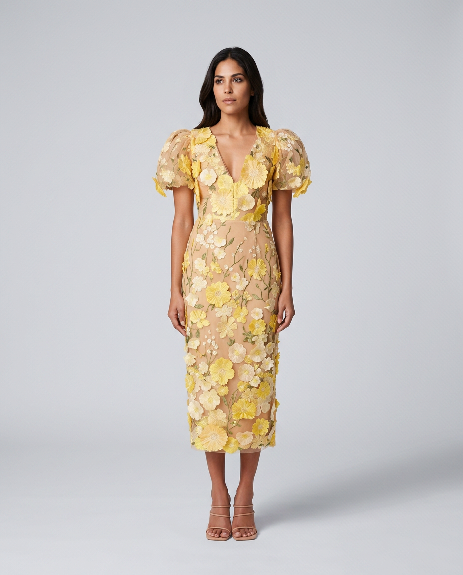EVIE | Floral Embroidered Puff Sleeve V Neck Midi Dress