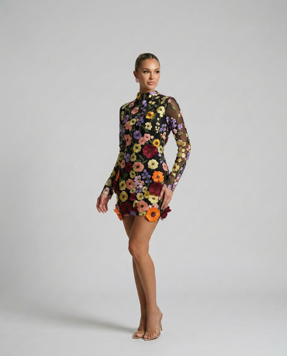 EVIE | Sheer Floral Embroidery Long Sleeve Mini Dress