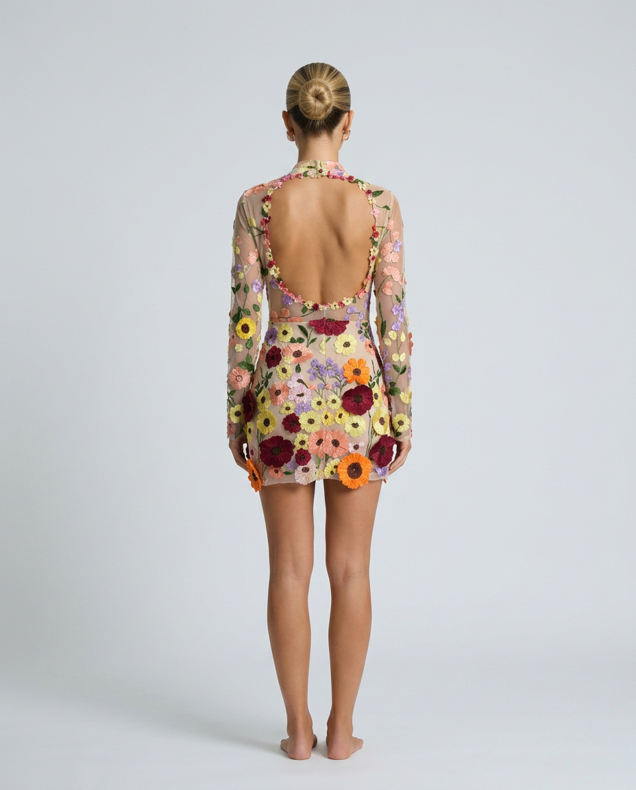 EVIE | Sheer Floral Embroidery Long Sleeve Mini Dress