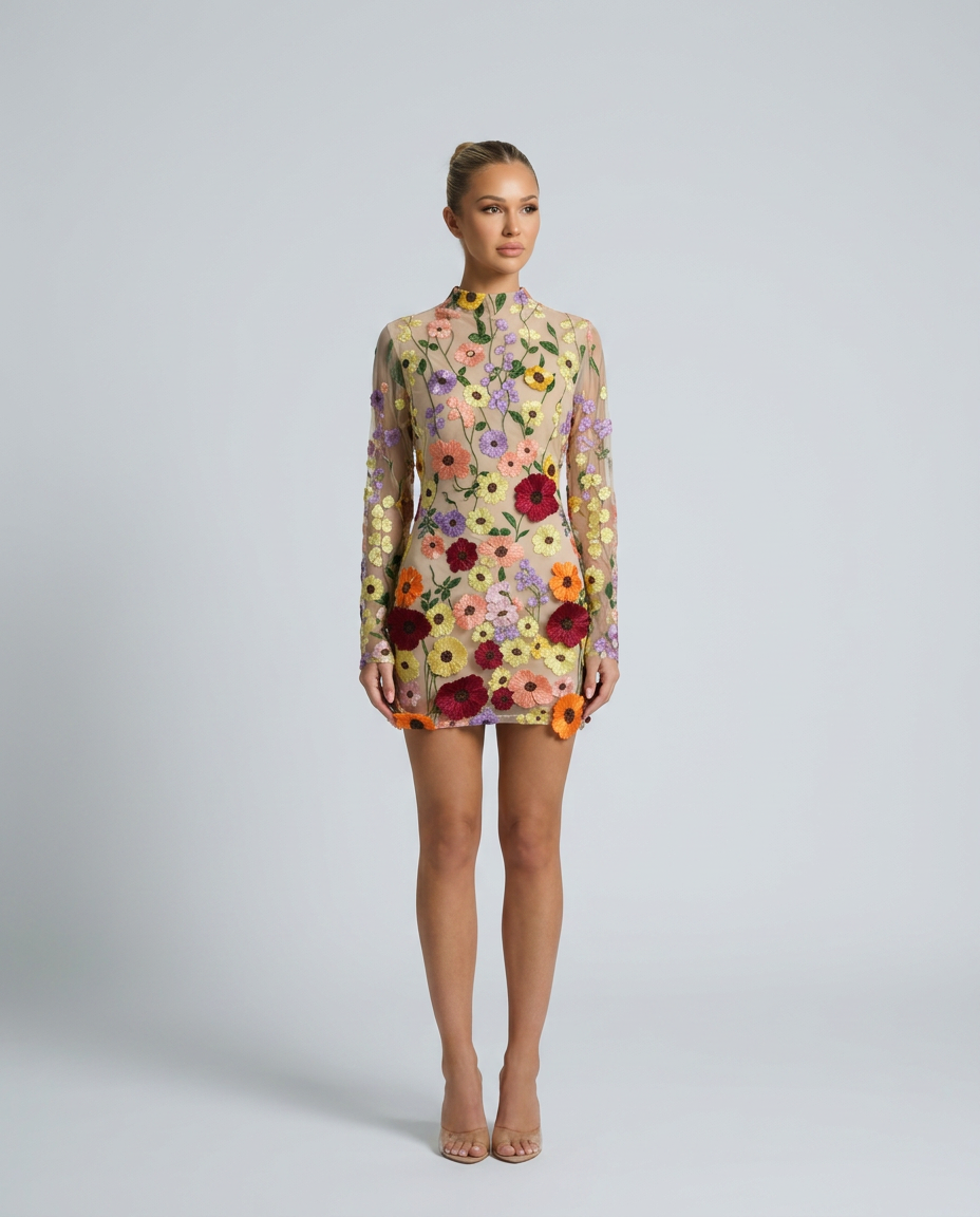EVIE | Sheer Floral Embroidery Long Sleeve Mini Dress