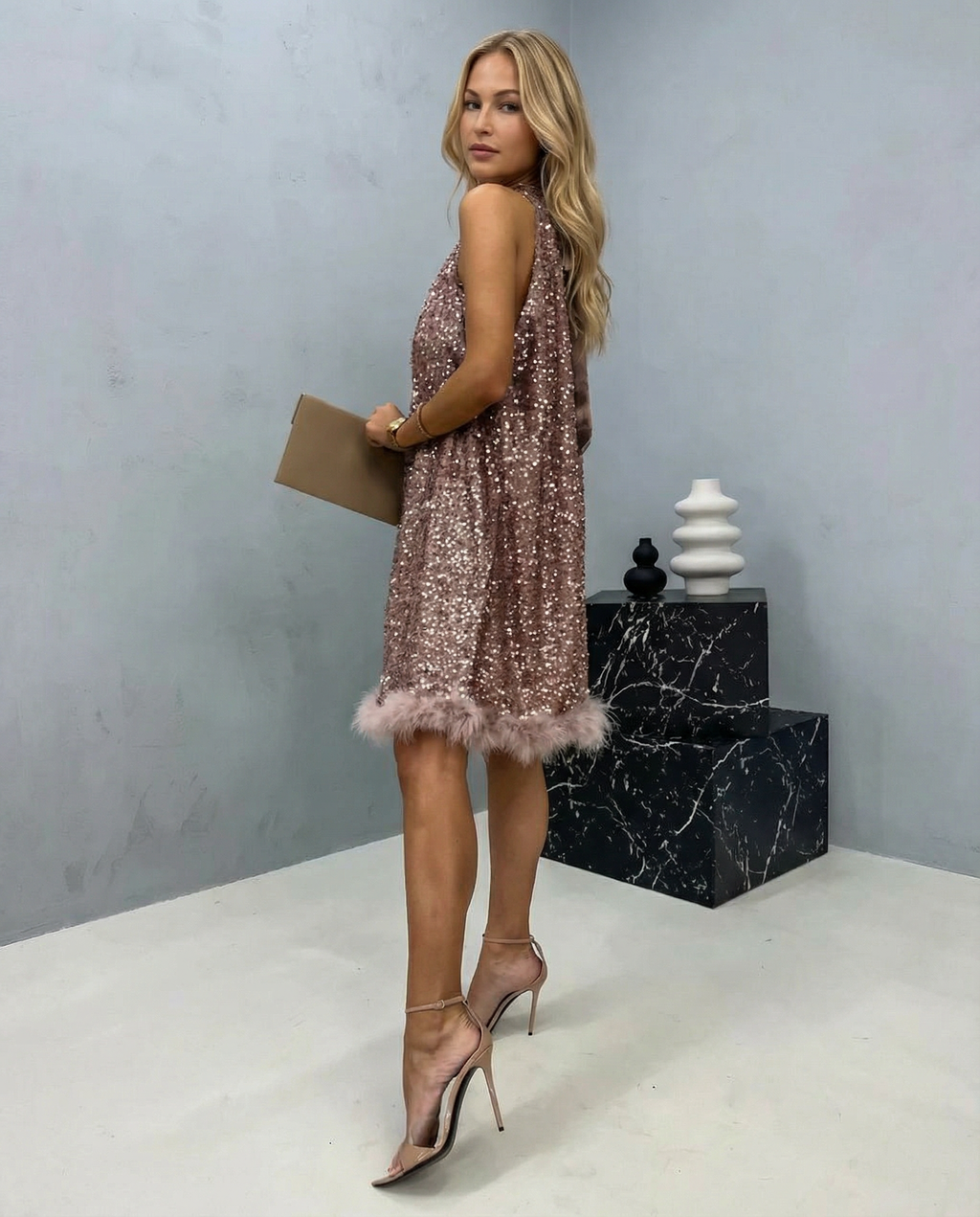 EVIE | Sequin Halter Feather Hem Mini Dress