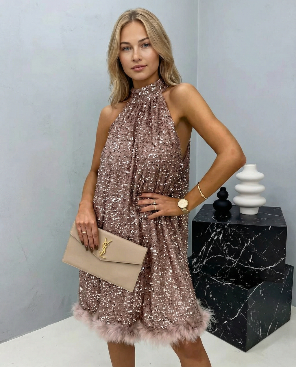 EVIE | Sequin Halter Feather Hem Mini Dress