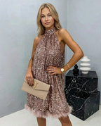 EVIE | Sequin Halter Feather Hem Mini Dress