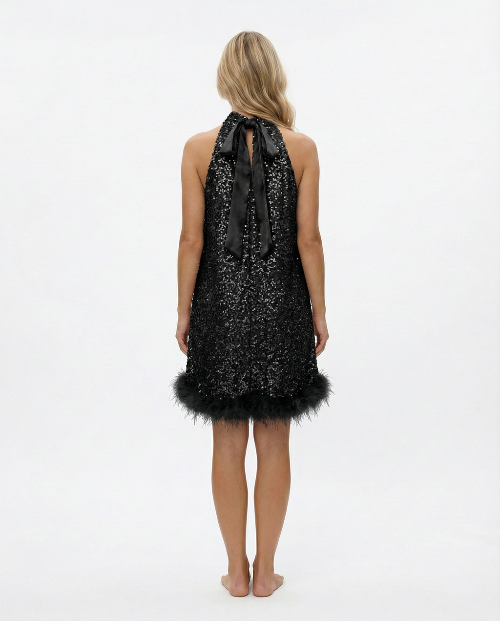 EVIE | Sequin Halter Feather Hem Mini Dress
