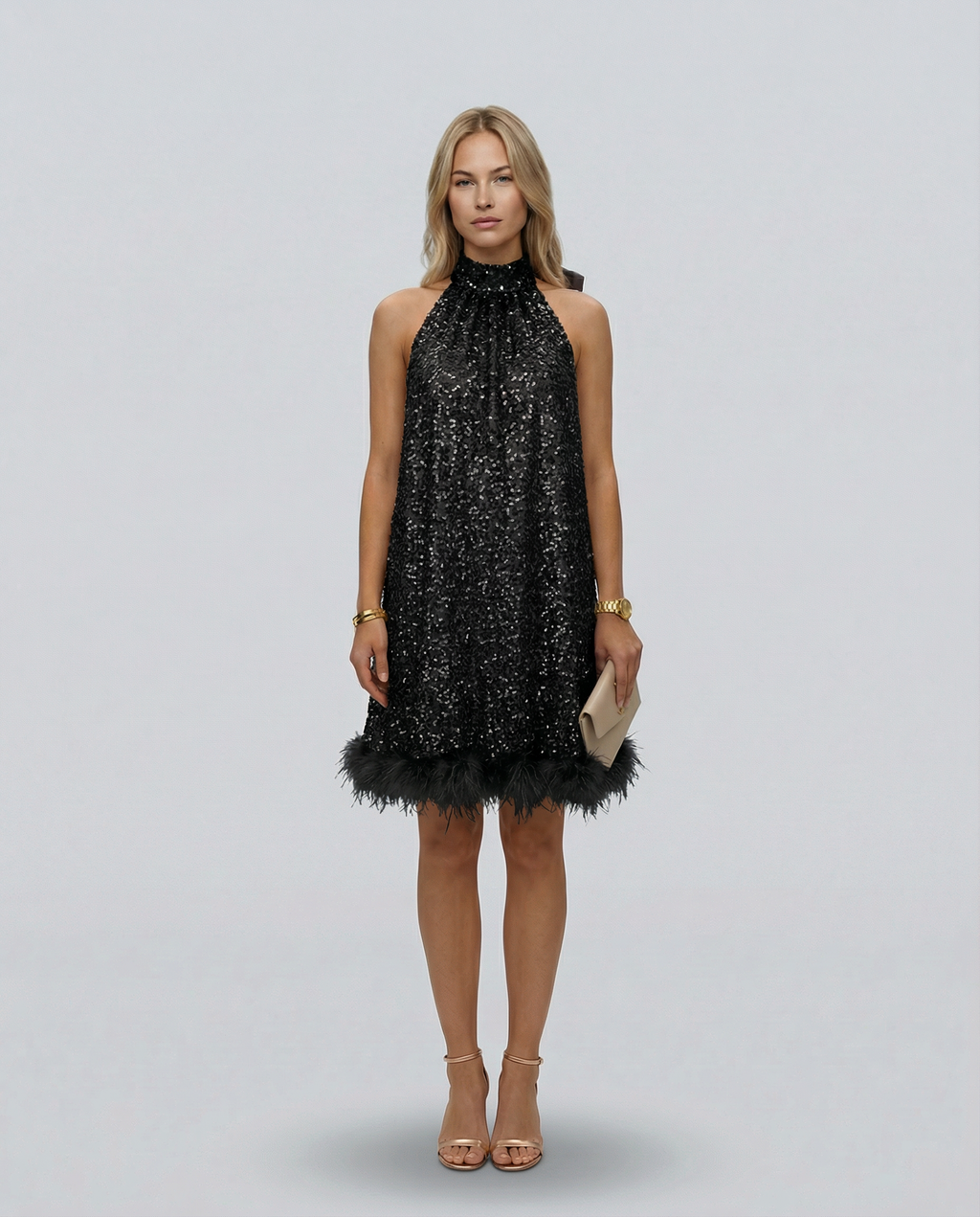 EVIE | Sequin Halter Feather Hem Mini Dress