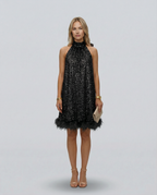 EVIE | Sequin Halter Feather Hem Mini Dress