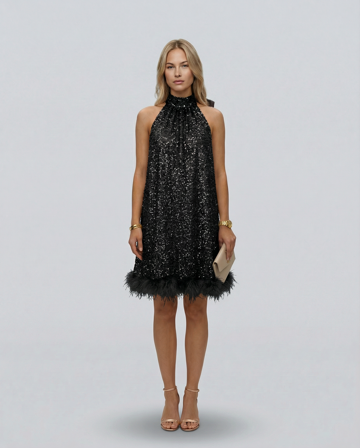 EVIE | Sequin Halter Feather Hem Mini Dress