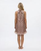 EVIE | Sequin Halter Feather Hem Mini Dress