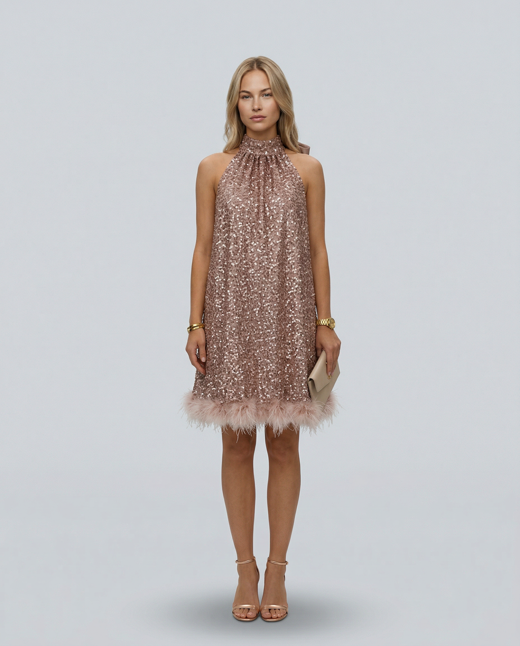 EVIE | Sequin Halter Feather Hem Mini Dress