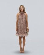 EVIE | Sequin Halter Feather Hem Mini Dress