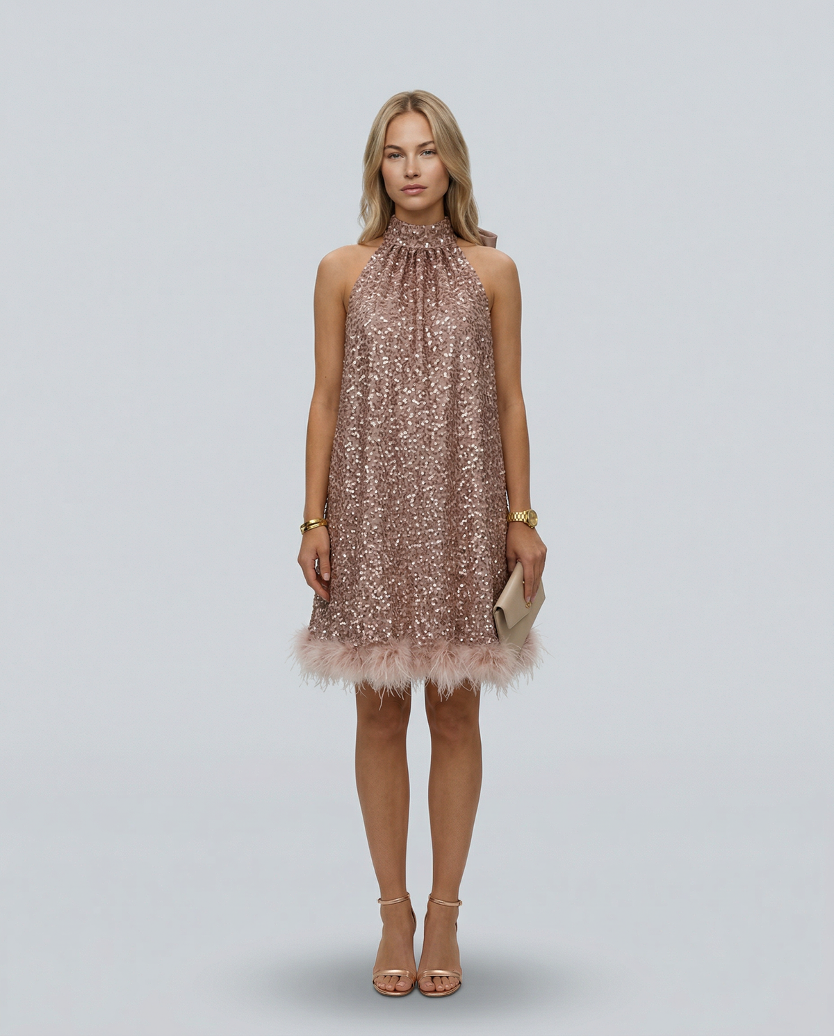 EVIE | Sequin Halter Feather Hem Mini Dress