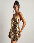 EVIE | Sequin Halter Bodycon Mini Dress with Disc Chain