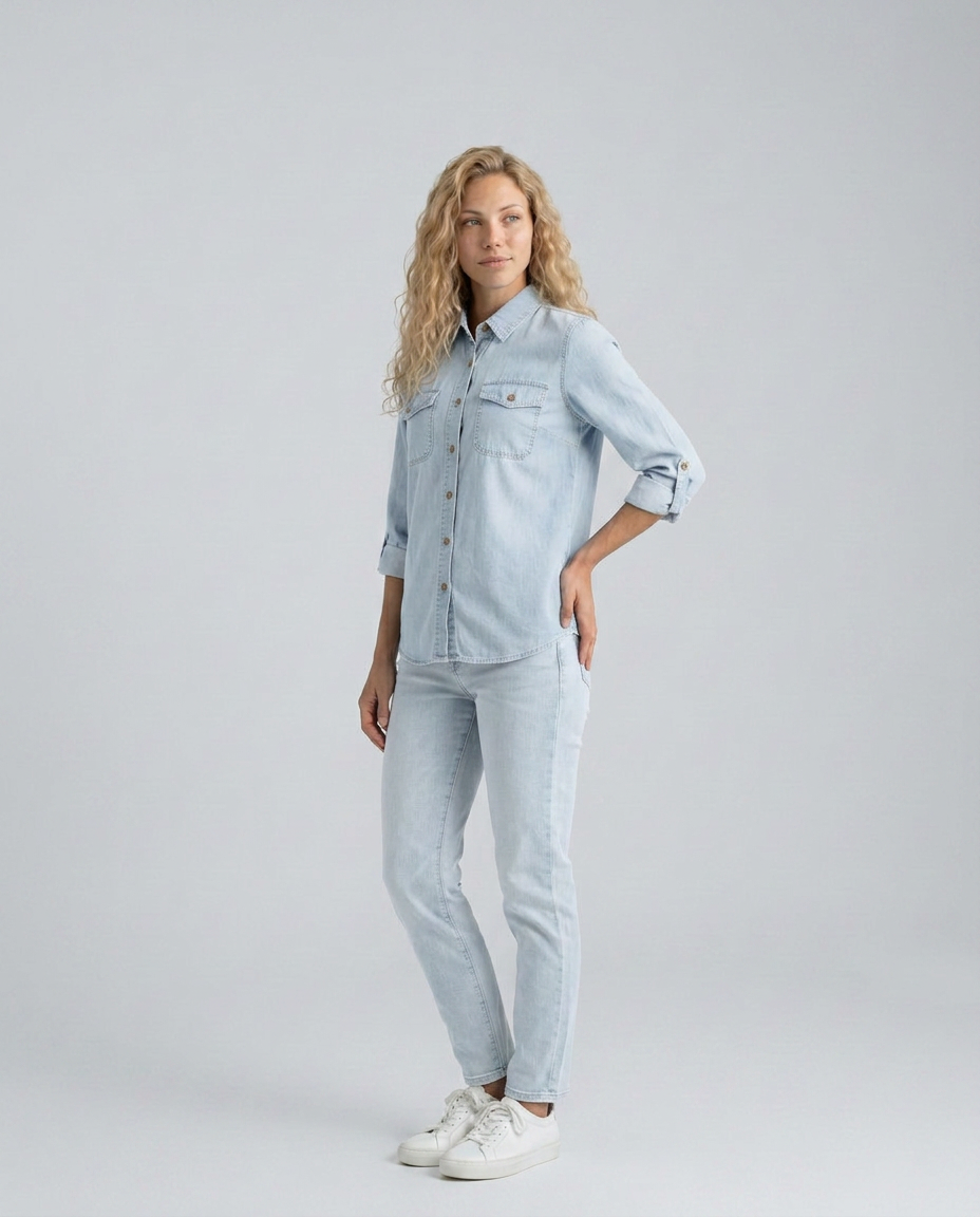 EVIE | Long Sleeve Button Front Denim Shirt