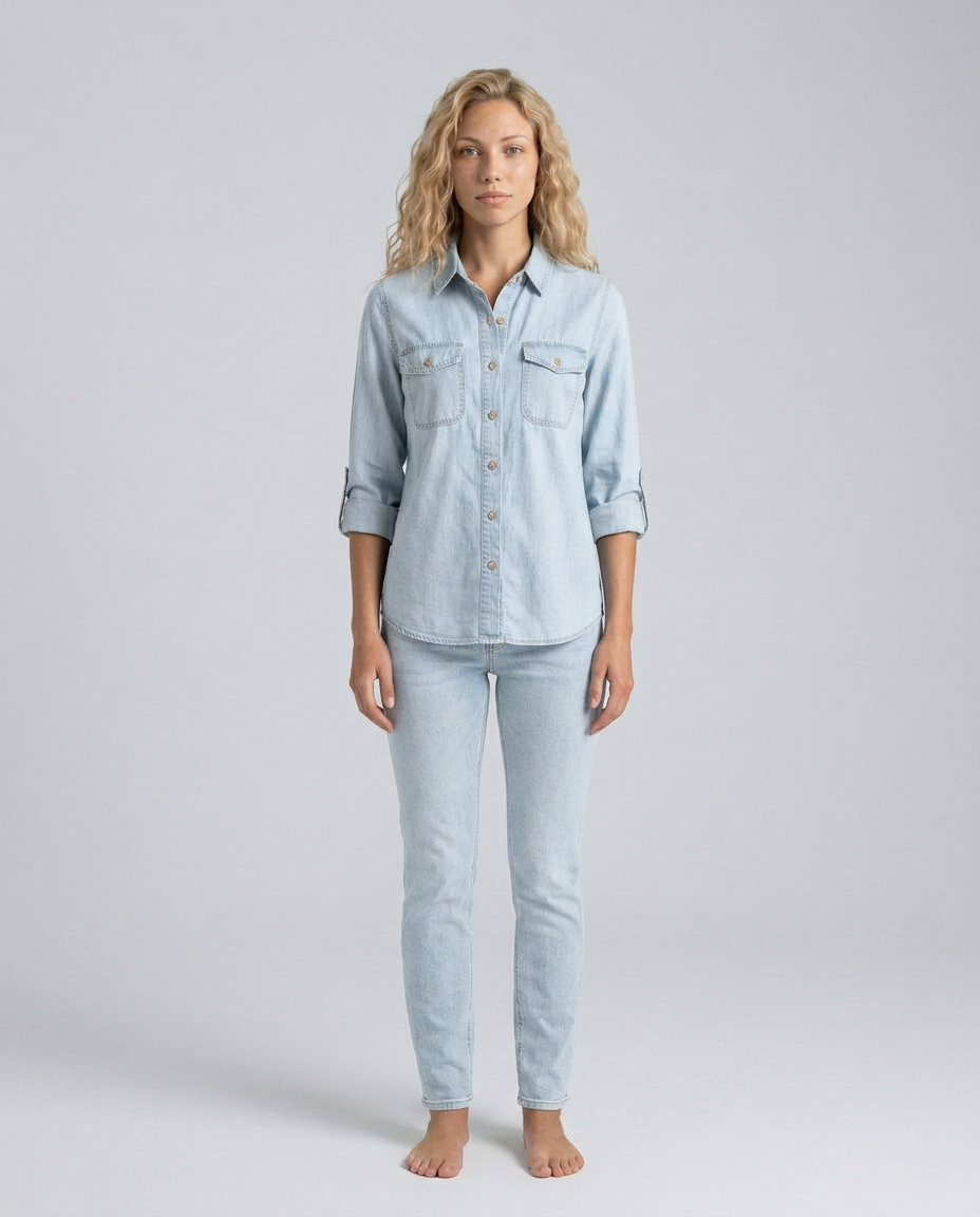 EVIE | Long Sleeve Button Front Denim Shirt