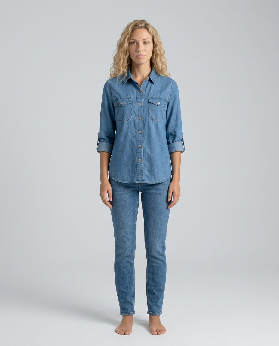 EVIE | Long Sleeve Button Front Denim Shirt