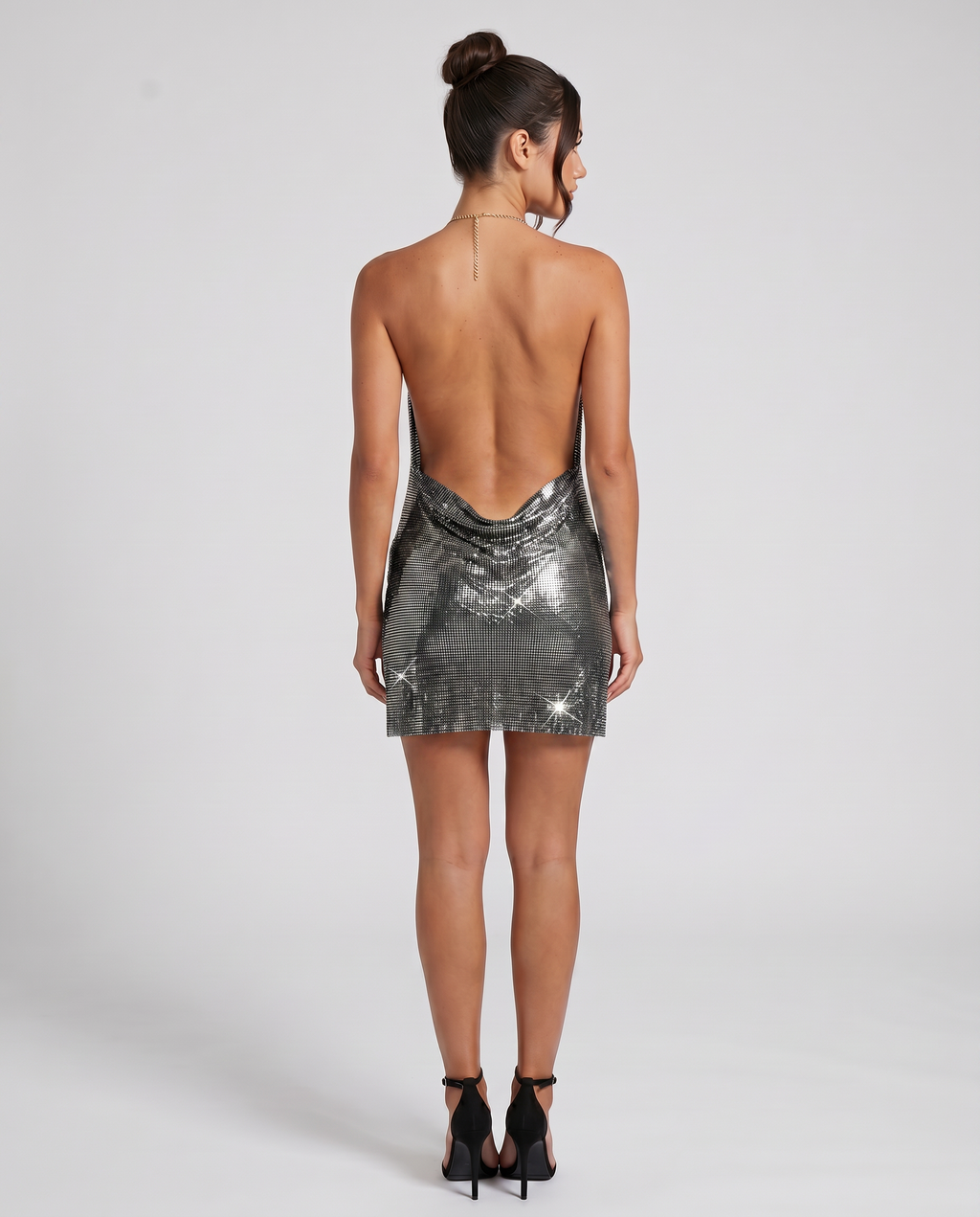 EVIE | Metallic Halter Neck Side Slit Mini Dress