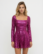 EVIE | Sequin Lace-Up Back Long Sleeve Mini Dress