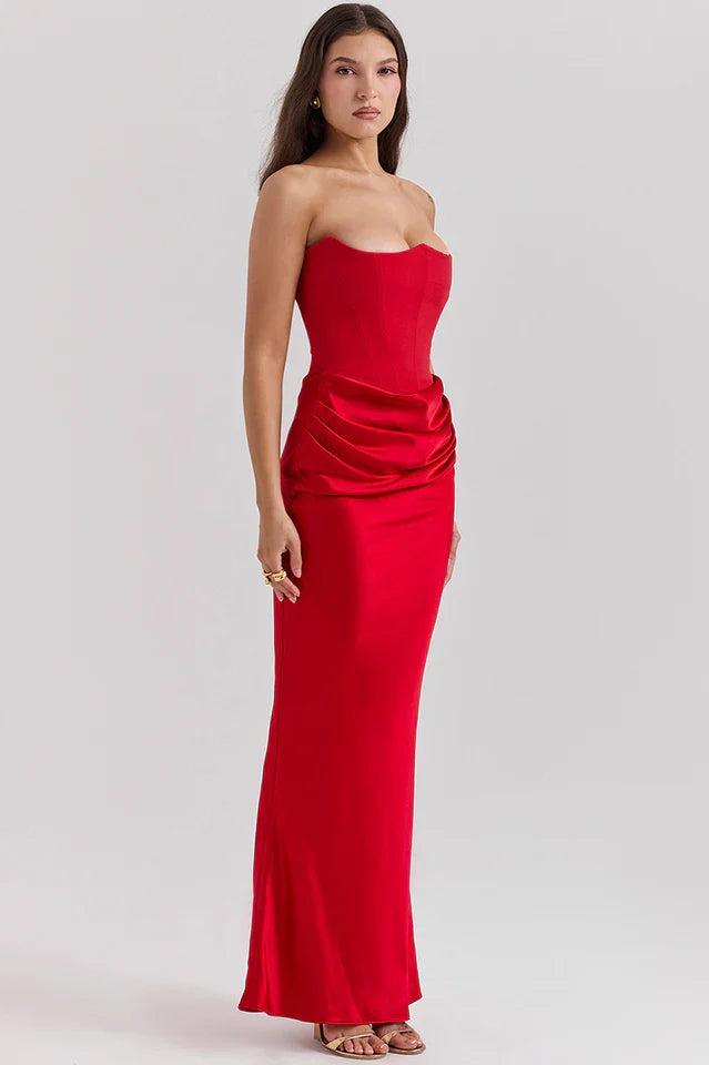 EVIE | Strapless Corset Draped Skirt Maxi Dress