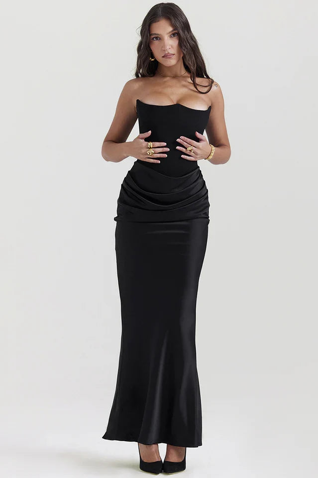 EVIE | Strapless Corset Draped Skirt Maxi Dress