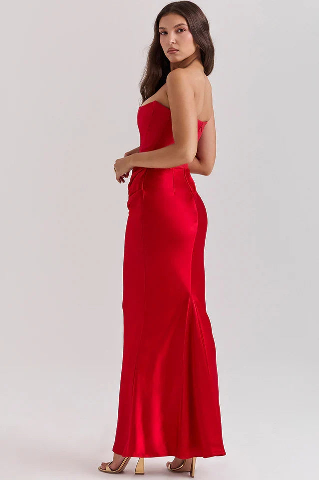 EVIE | Strapless Corset Draped Skirt Maxi Dress