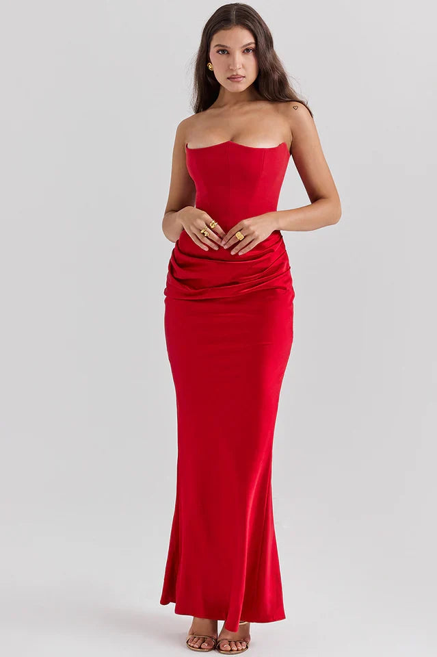 EVIE | Strapless Corset Draped Skirt Maxi Dress