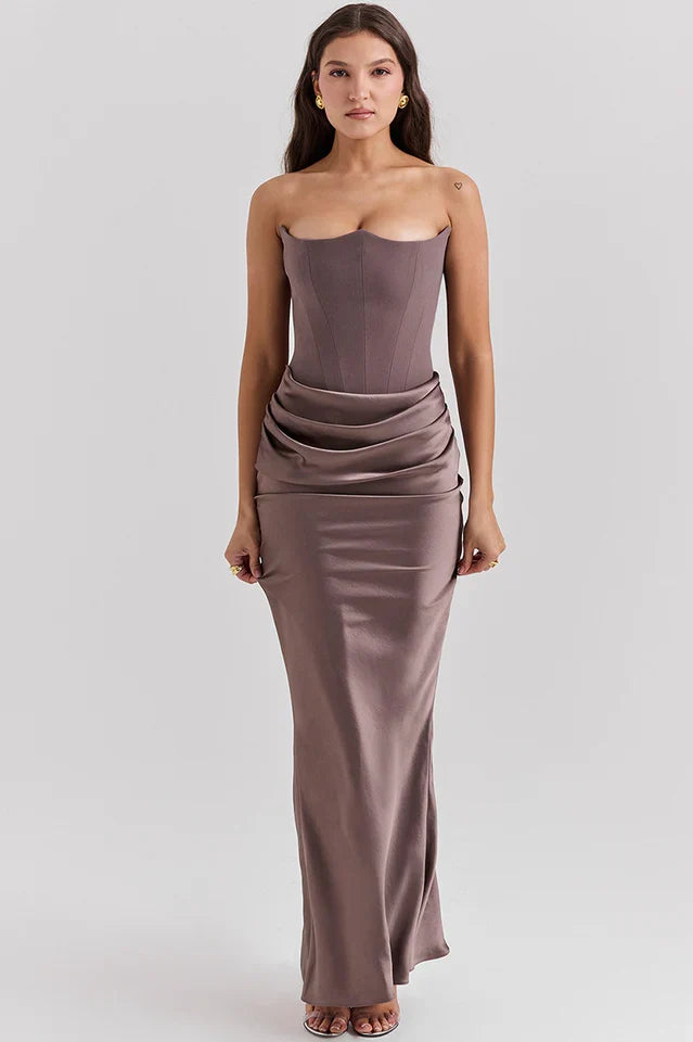EVIE | Strapless Corset Draped Skirt Maxi Dress