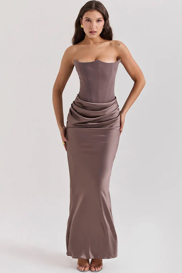 EVIE | Strapless Corset Draped Skirt Maxi Dress