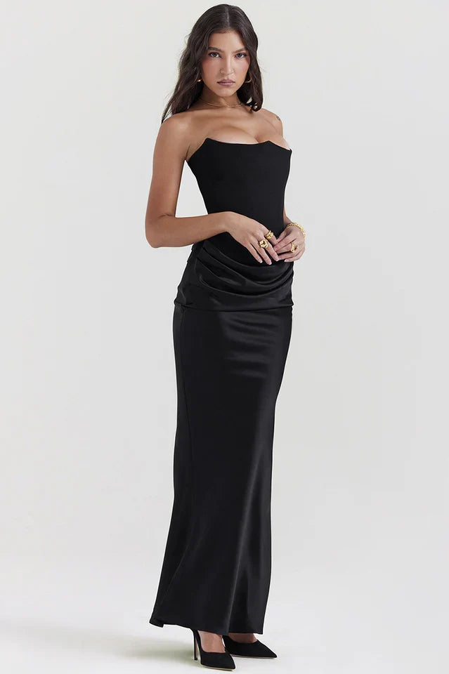 EVIE | Strapless Corset Draped Skirt Maxi Dress