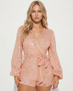 EVIE | Sequin Wrap Front Long Sleeve Playsuit