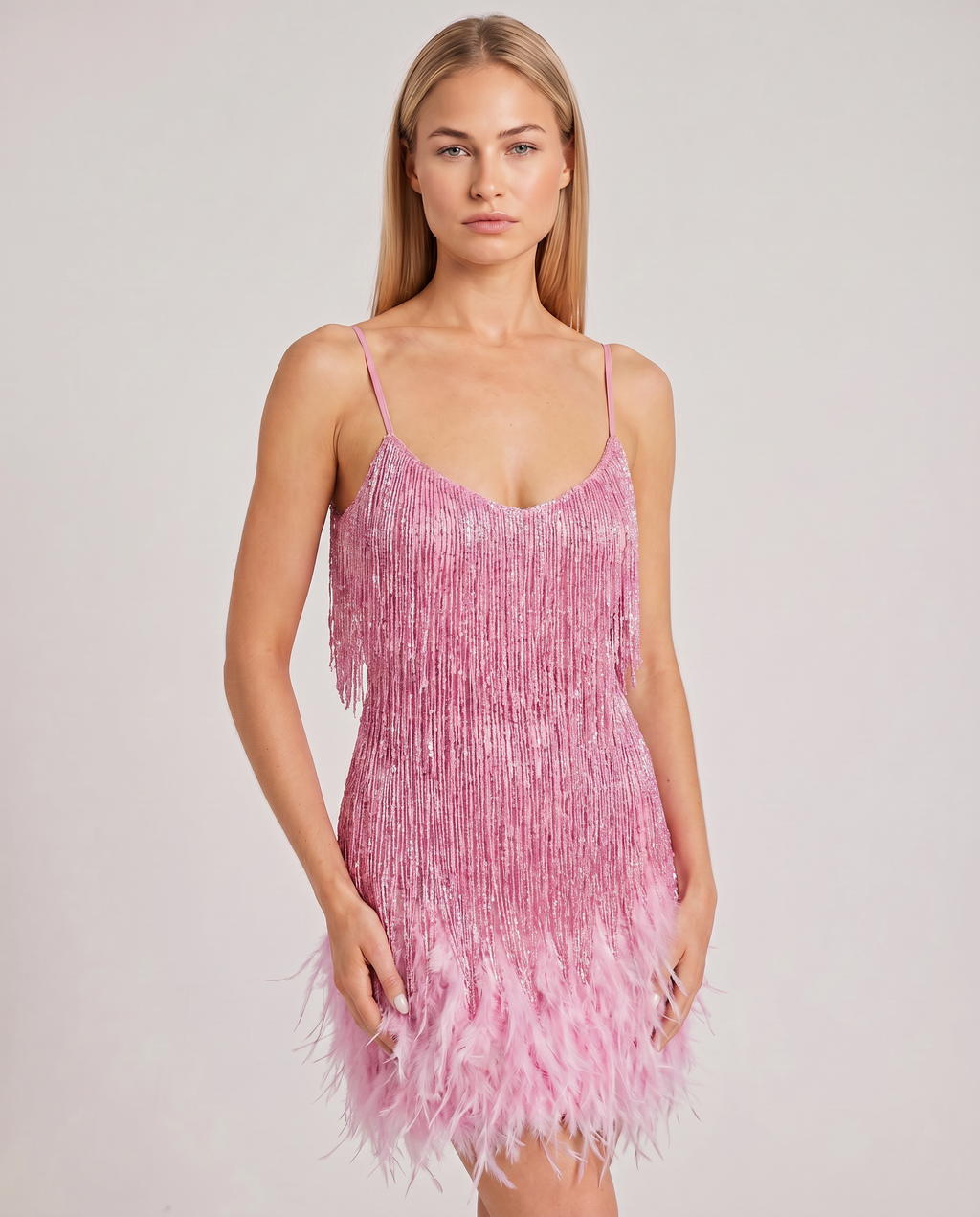 EVIE | Sequin Fringe Feather Hem Mini Dress