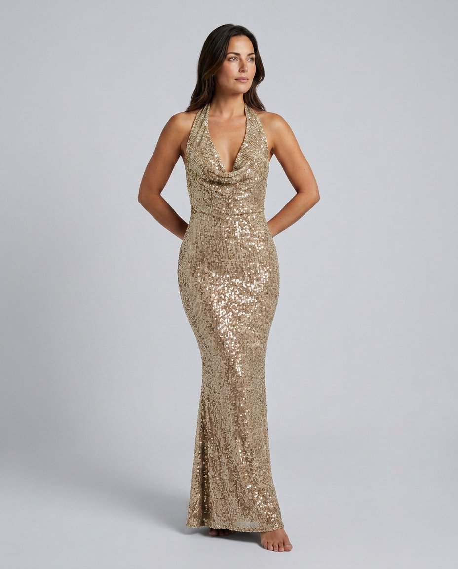 EVIE | Sequin Halter Cowl Neck Bodycon Maxi Dress