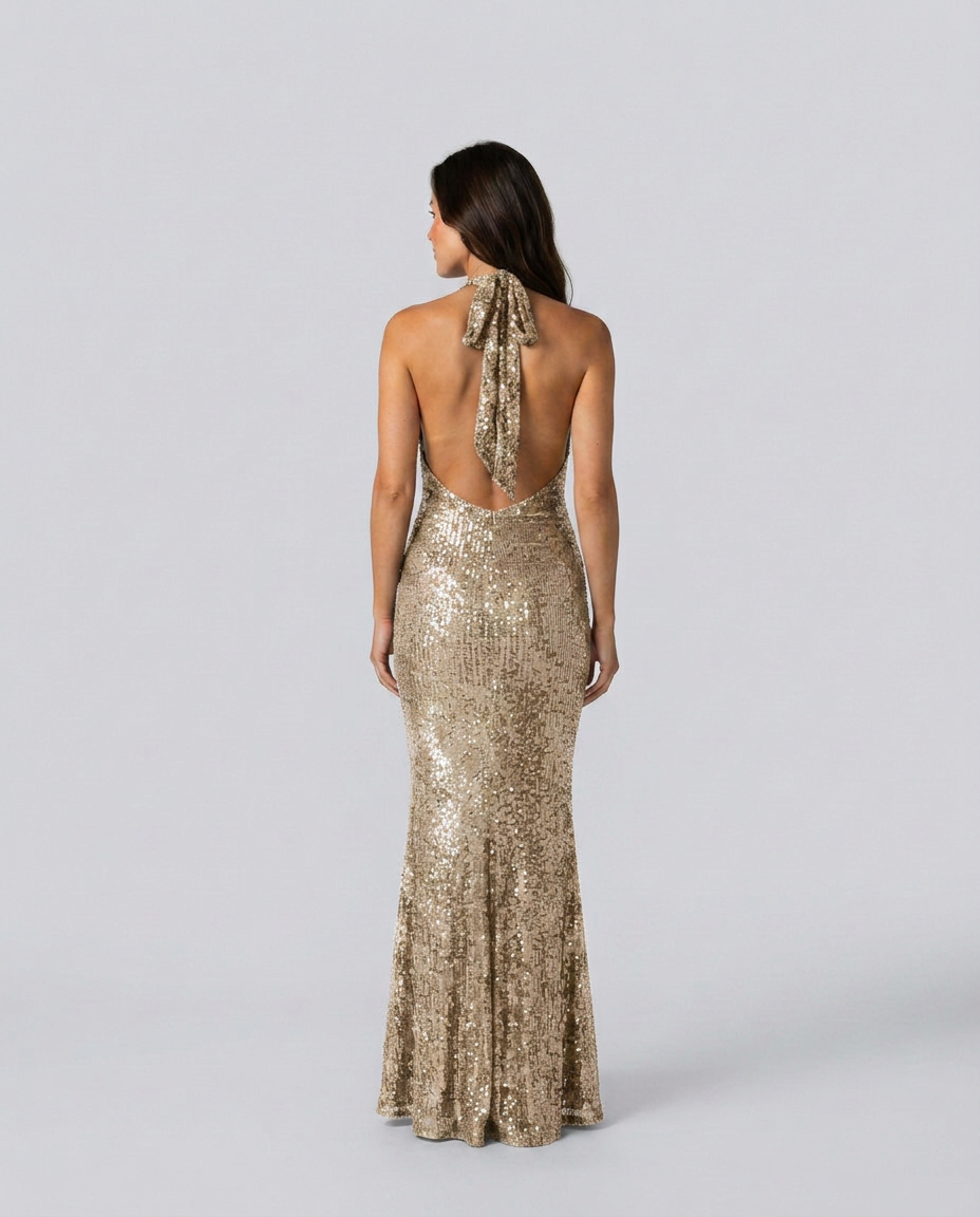 EVIE | Sequin Halter Cowl Neck Bodycon Maxi Dress
