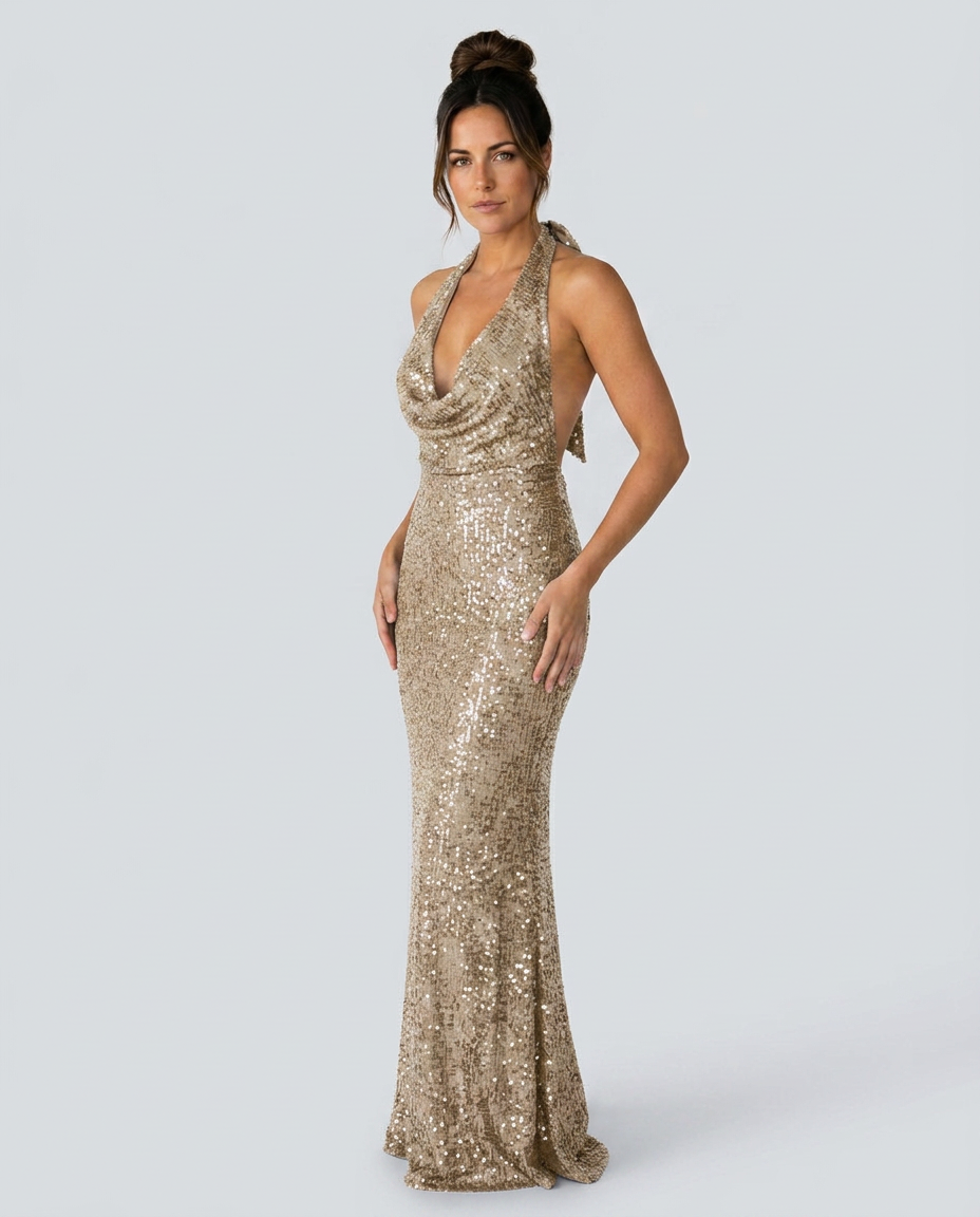 EVIE | Sequin Halter Cowl Neck Bodycon Maxi Dress