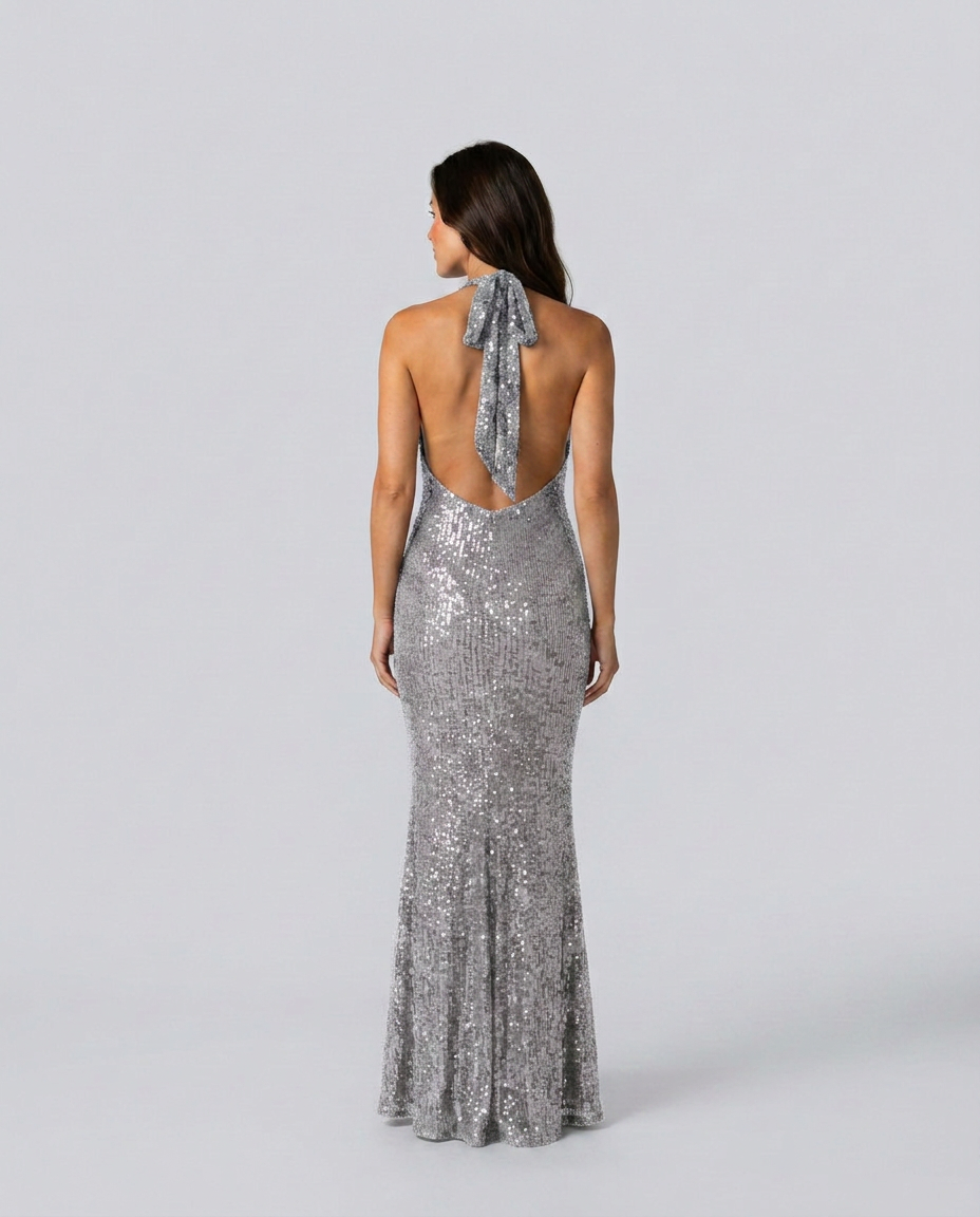 EVIE | Sequin Halter Cowl Neck Bodycon Maxi Dress