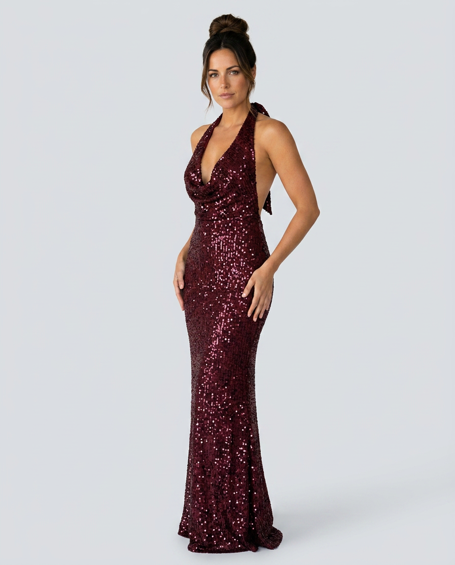 EVIE | Sequin Halter Cowl Neck Bodycon Maxi Dress