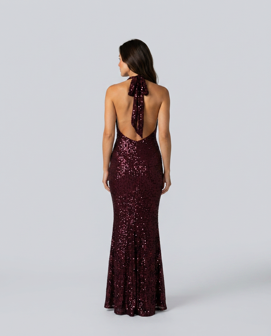 EVIE | Sequin Halter Cowl Neck Bodycon Maxi Dress