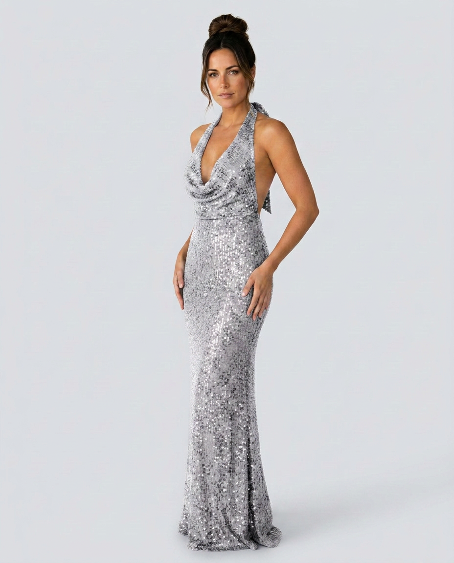 EVIE | Sequin Halter Cowl Neck Bodycon Maxi Dress