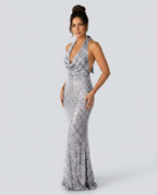 EVIE | Sequin Halter Cowl Neck Bodycon Maxi Dress