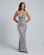 EVIE | Sequin Halter Cowl Neck Bodycon Maxi Dress