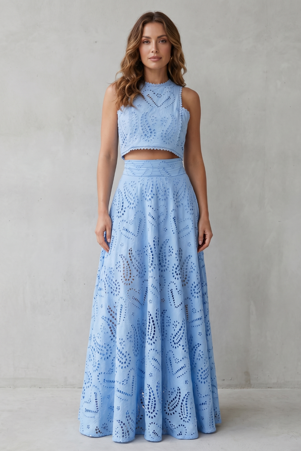 EVIE | Embroidered Lace Sleeveless Midi Skirt Set
