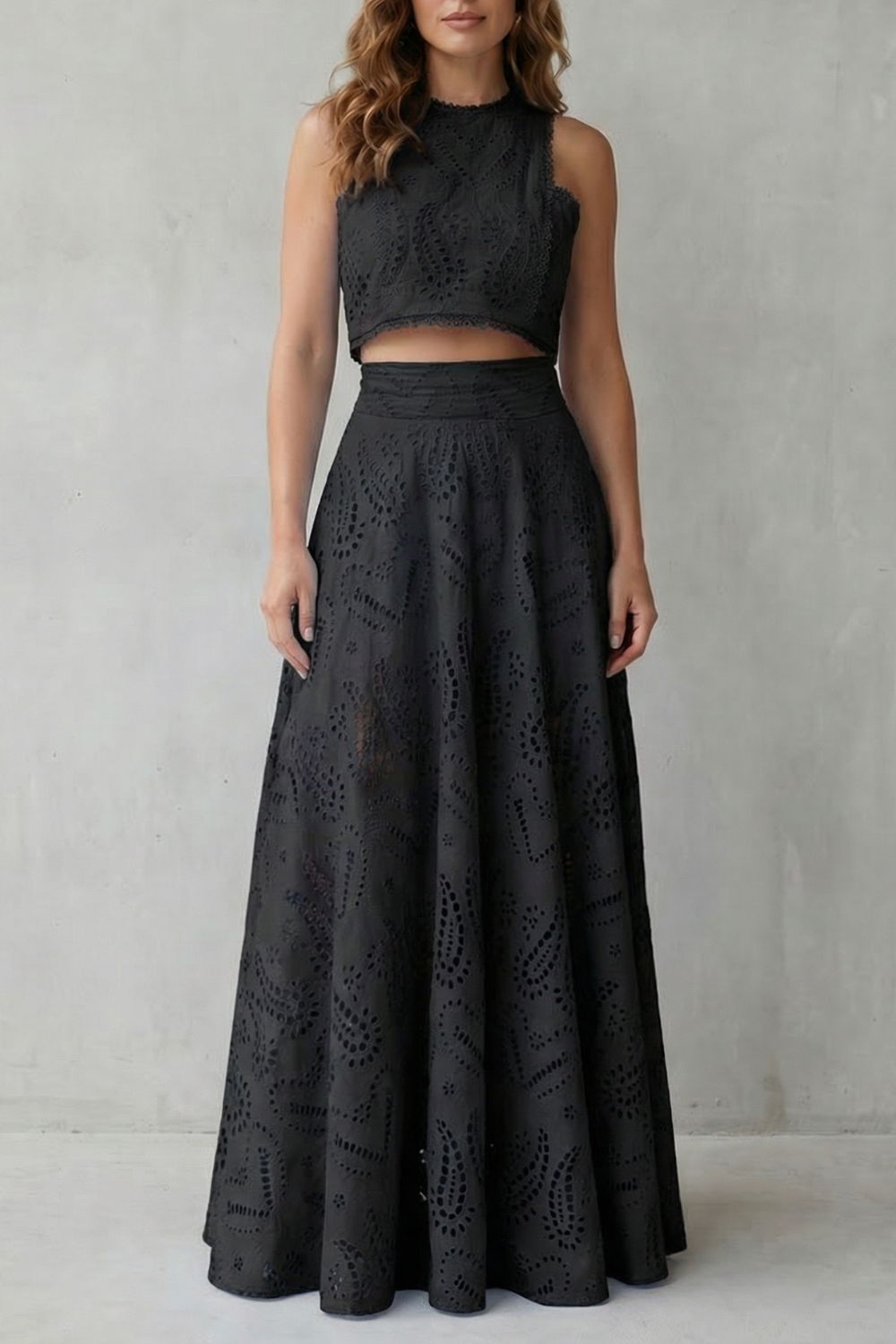 EVIE | Embroidered Lace Sleeveless Midi Skirt Set