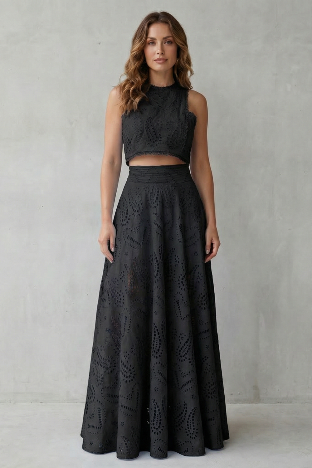 EVIE | Embroidered Lace Sleeveless Midi Skirt Set