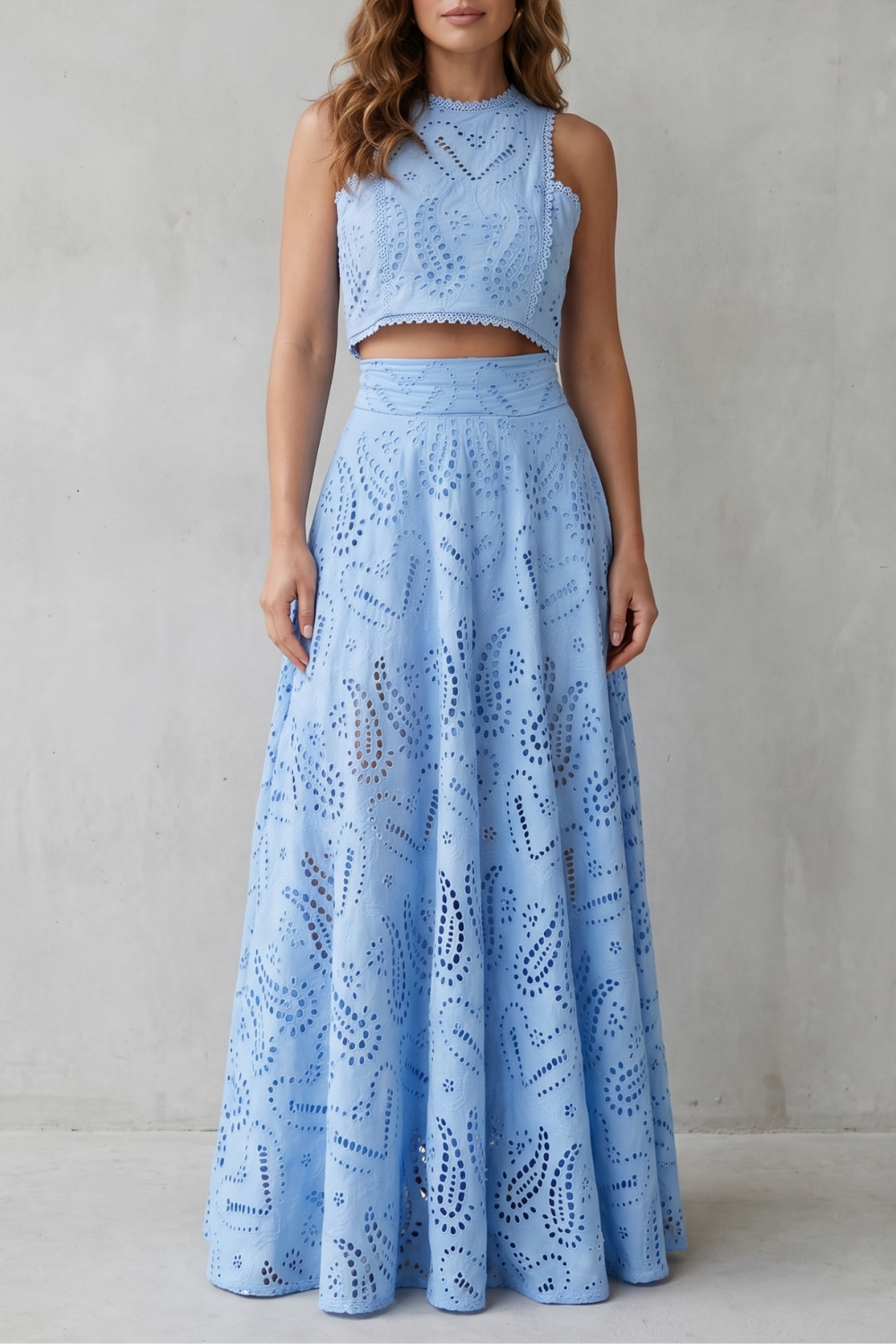 EVIE | Embroidered Lace Sleeveless Midi Skirt Set