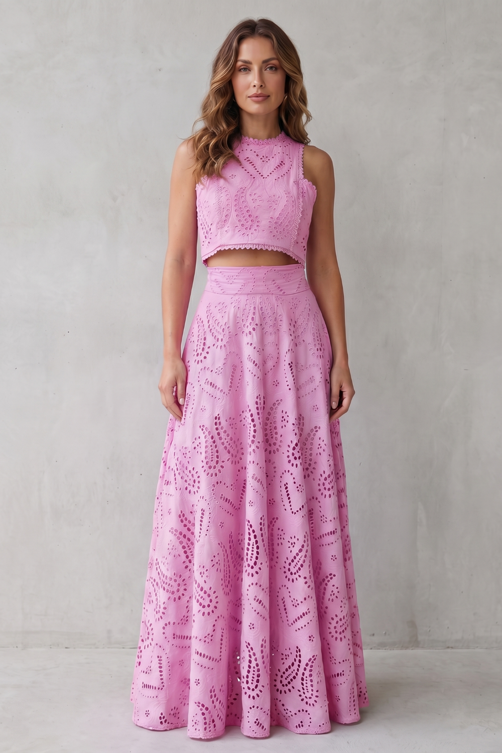 EVIE | Embroidered Lace Sleeveless Midi Skirt Set